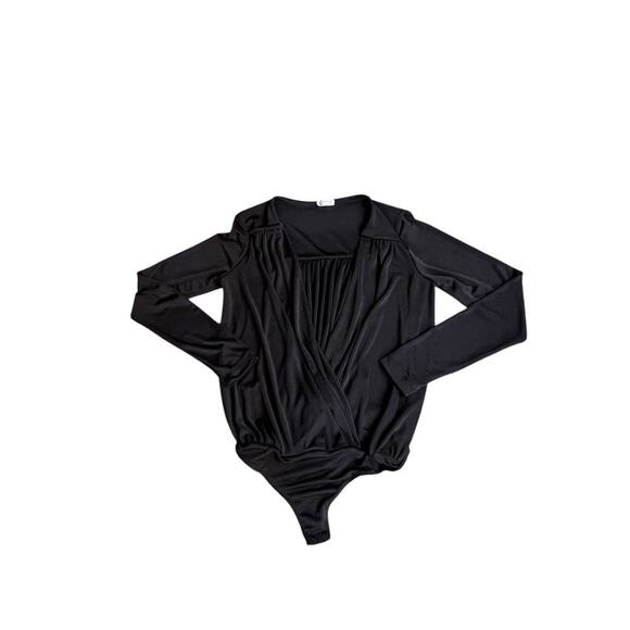 Free People Turnt Black Suplice‎ Front Long Sleeve Stretch Knit Thong Bodysuit L - Picture 1 of 3